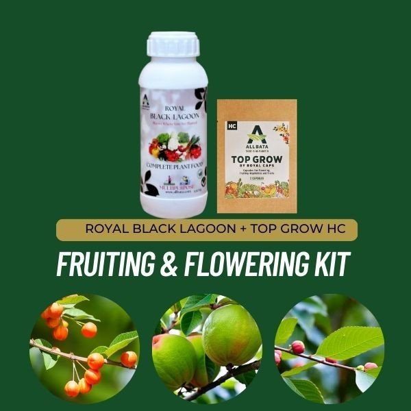 Fruit & Flower Pro Kit - TOP GROW HC CAPSULE + ROYAL BLACK LAGOON   TOP GROW- (HC) CAPSULE – FRUITING & FLOWERING VEGETABLES & FRUITS # Applicable for All Other Plants, Trees, Shrubs, flowers etc. # Apply - 1 Capsule - Hc – Mix 1 Capsule In 75 Liters Water For Half  Acre Of Plantation & 2 Capsules In 150 Litre Of Water For 1 Acre Plantation. Mix It Well And Spray # Stimulates – Uniform Sprouting, Uniform Development, and Prevent late maturing plant. # To increase yield apply in sufficient water volume and through coverage.